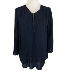 Rue21 Chiffon Blouse Roll Tabbed Sleeves Sz Small V Neck Semi Sheer Navy Blue